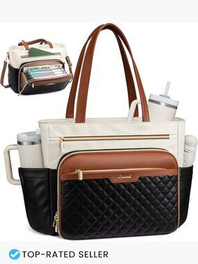 Quilted PU Leather Laptop Tote Bag Briefcase Work Bag with Accordion File Pocket